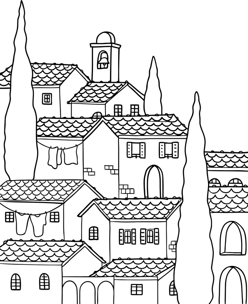 Tavola da colorare con un borgo italiano