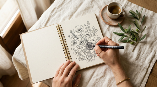 Mani che colorano una tavola di fiori con un solo pennarello nero, libro a spirale aperto su una tovaglia di lino
