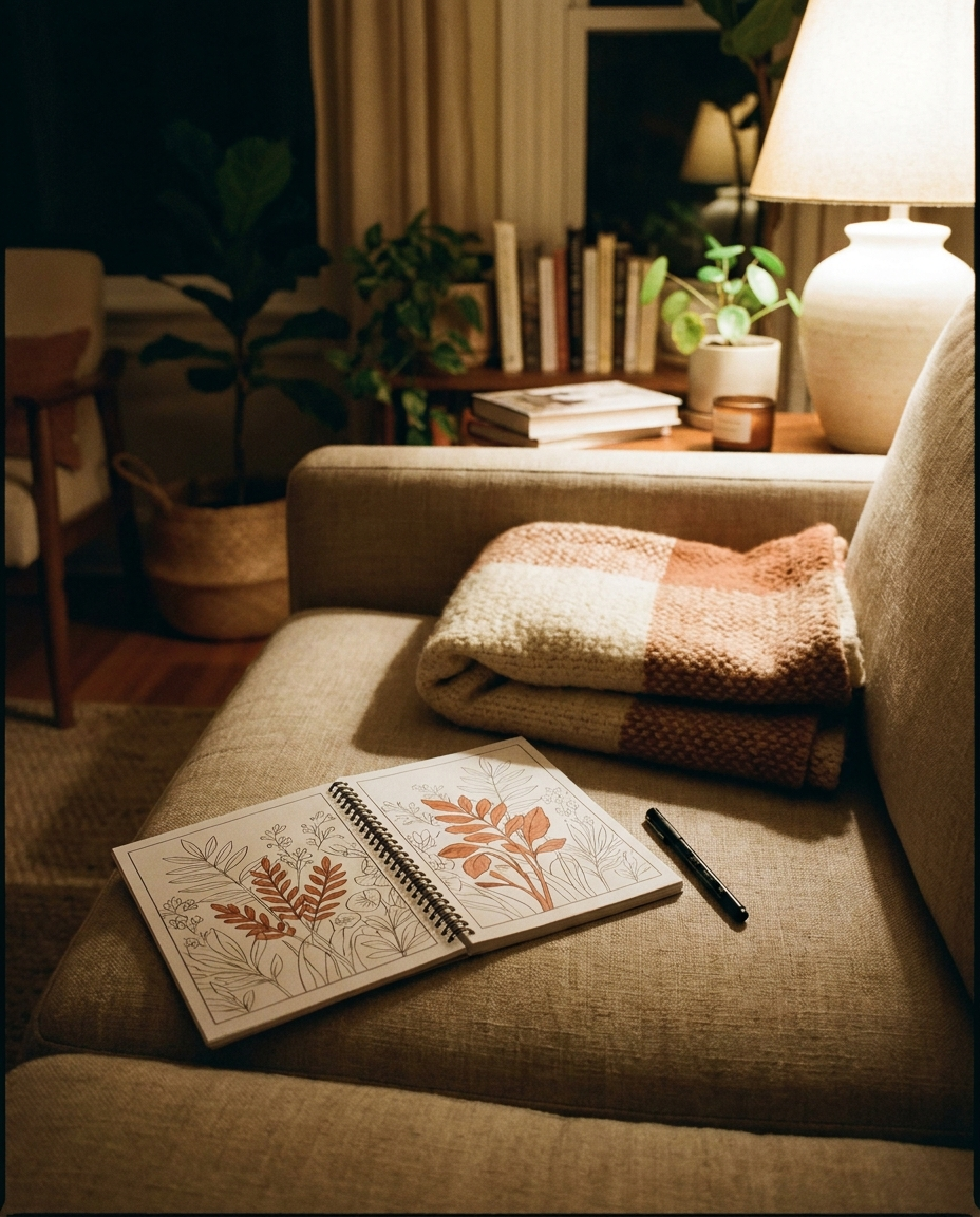 Il libro aperto piatto sul divano accanto a una coperta di lana e a un pennarello, luce di lampada la sera